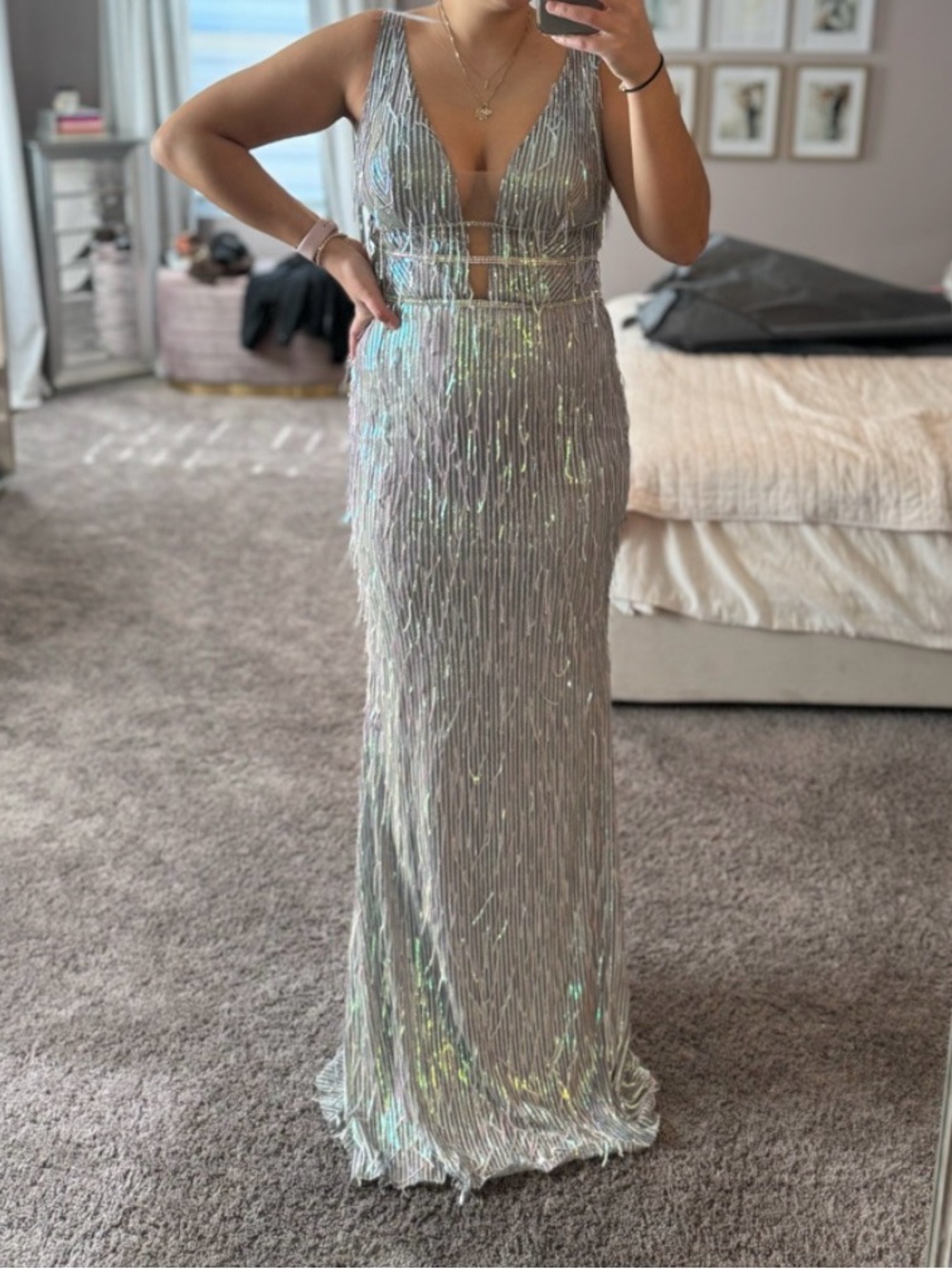 Vienna Prom Silver Iridescent Sequin V-Neck Gown